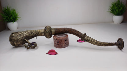 Antique Rare Tibetan Buddhism Ritual Instrument Copper Trumpet,Sacred Buddhist Tibetan Figural Dragon Head Ceremonial Horn,Buddhist Artifact