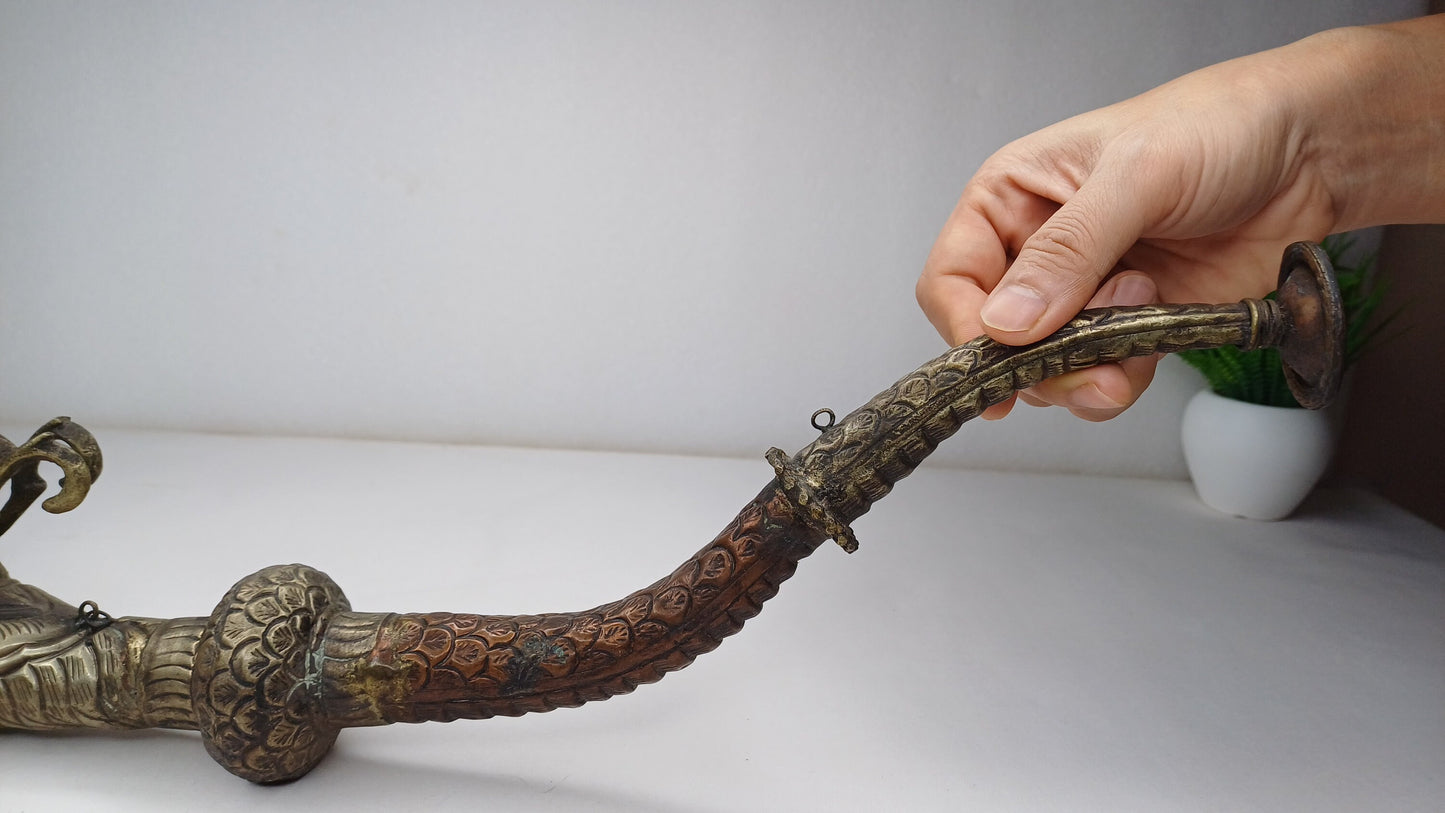 Antique Rare Tibetan Buddhism Ritual Instrument Copper Trumpet,Sacred Buddhist Tibetan Figural Dragon Head Ceremonial Horn,Buddhist Artifact