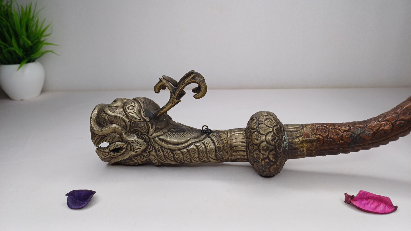 Antique Rare Tibetan Buddhism Ritual Instrument Copper Trumpet,Sacred Buddhist Tibetan Figural Dragon Head Ceremonial Horn,Buddhist Artifact