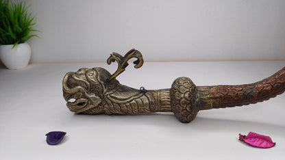 Antique Rare Tibetan Buddhism Ritual Instrument Copper Trumpet,Sacred Buddhist Tibetan Figural Dragon Head Ceremonial Horn,Buddhist Artifact