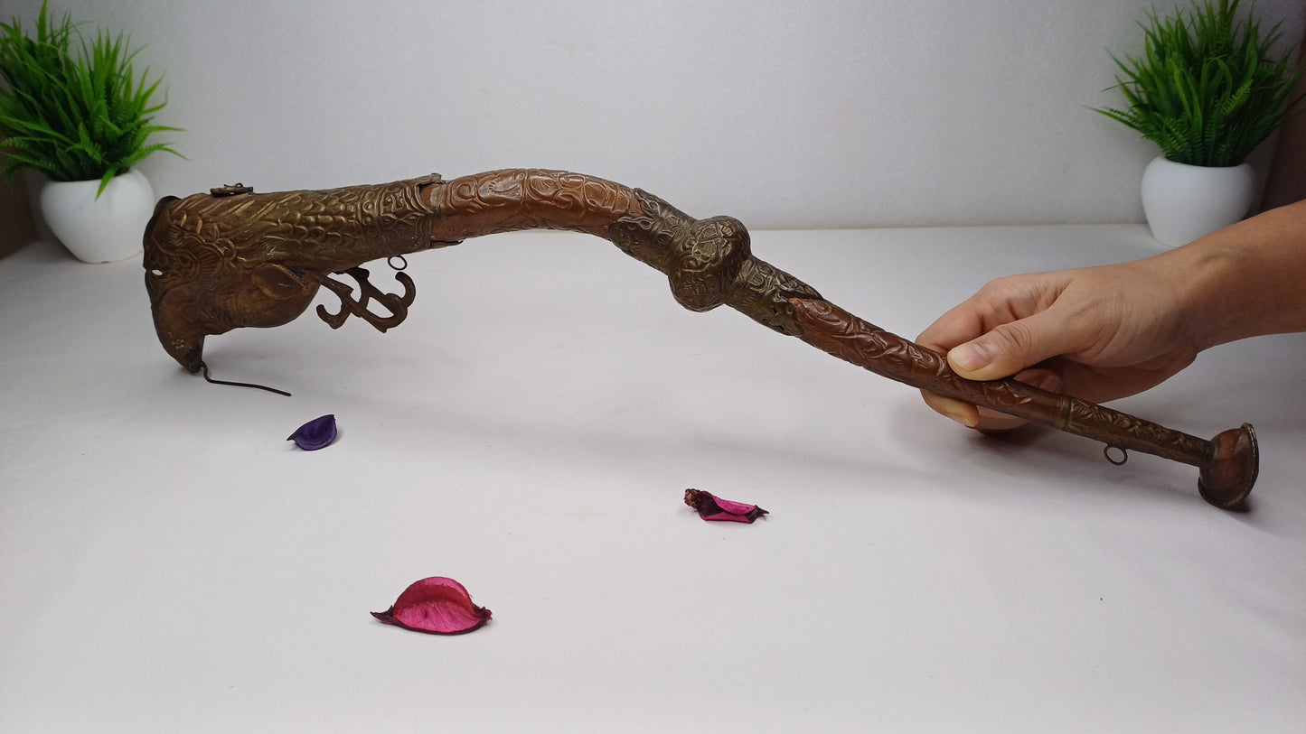 Antique Rare Tibetan Buddhism Ritual Instrument Copper Trumpet,Sacred Buddhist Tibetan Figural Dragon Head Ceremonial Horn,Buddhist Artifact