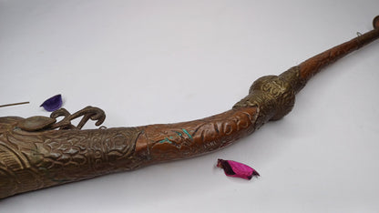Antique Rare Tibetan Buddhism Ritual Instrument Copper Trumpet,Sacred Buddhist Tibetan Figural Dragon Head Ceremonial Horn,Buddhist Artifact
