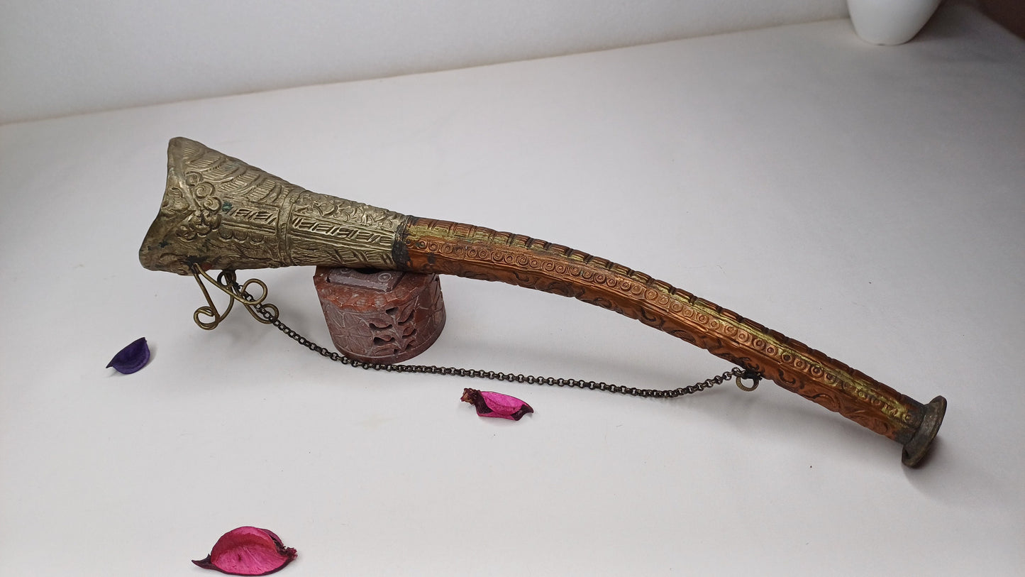 Antique Rare Tibetan Buddhism Ritual Instrument Copper Trumpet,Sacred Buddhist Tibetan Figural Dragon Head Ceremonial Horn,Buddhist Artifact