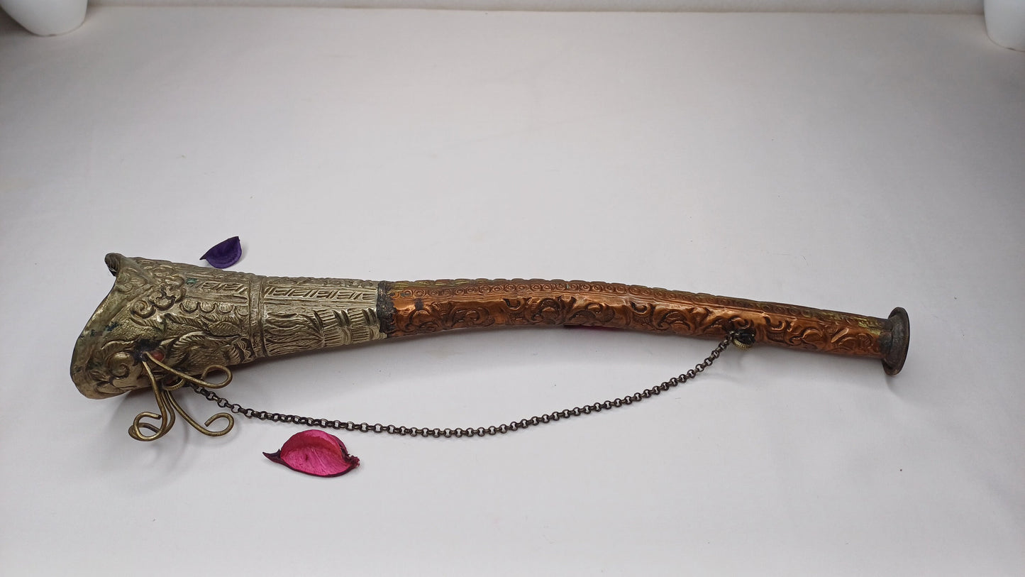 Antique Rare Tibetan Buddhism Ritual Instrument Copper Trumpet,Sacred Buddhist Tibetan Figural Dragon Head Ceremonial Horn,Buddhist Artifact