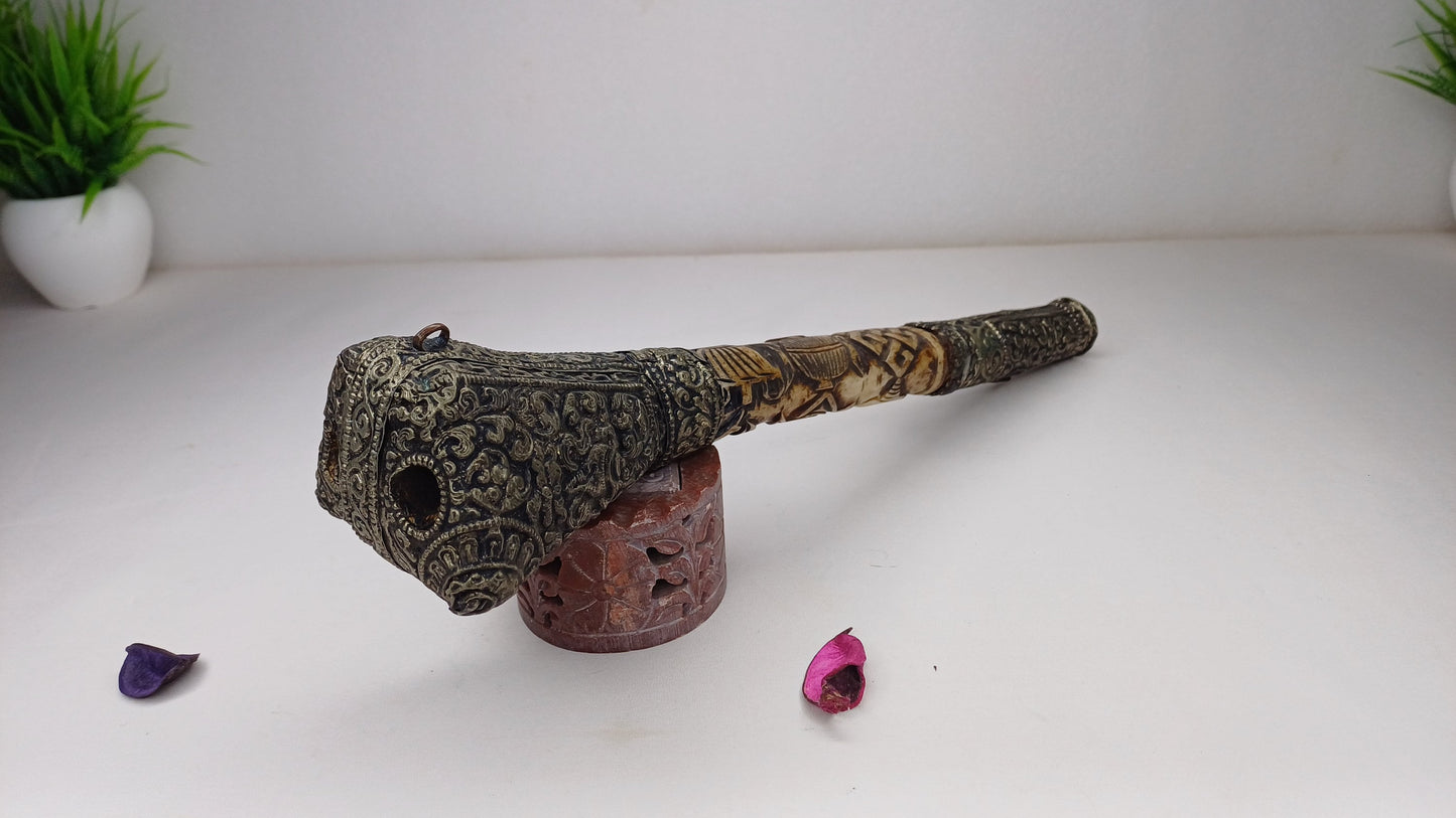 Vintage Bone Double Mahakala Hand Carved Silver Inlay Kangling Tibetan Ritual Trumpet,Used Traditional Tantrik Trumpet,Shaman  Buddhism Tool