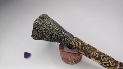 Vintage Bone Double Mahakala Hand Carved Silver Inlay Kangling Tibetan Ritual Trumpet,Used Traditional Tantrik Trumpet,Shaman  Buddhism Tool
