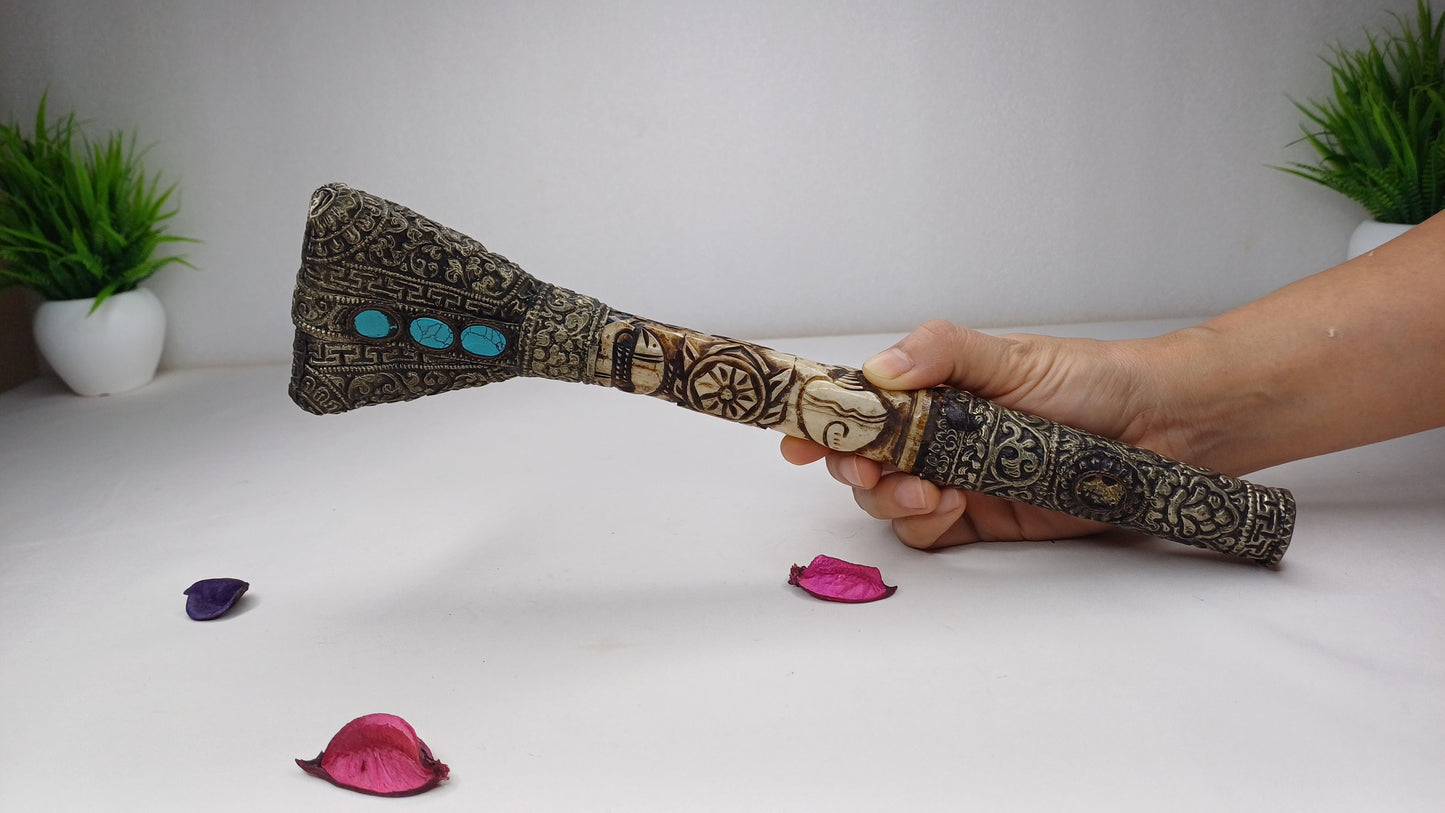 Vintage Bone Double Mahakala Hand Carved Silver Inlay Kangling Tibetan Ritual Trumpet,Used Traditional Tantrik Trumpet,Shaman  Buddhism Tool