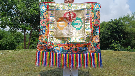 Handmade Multi-Color Tibetan Buddhist Ashtamangala Vajra Dorje Silk Brocade Altar/Shrine Table Cloth,Double Dorje Zen Buddhist Home Decore