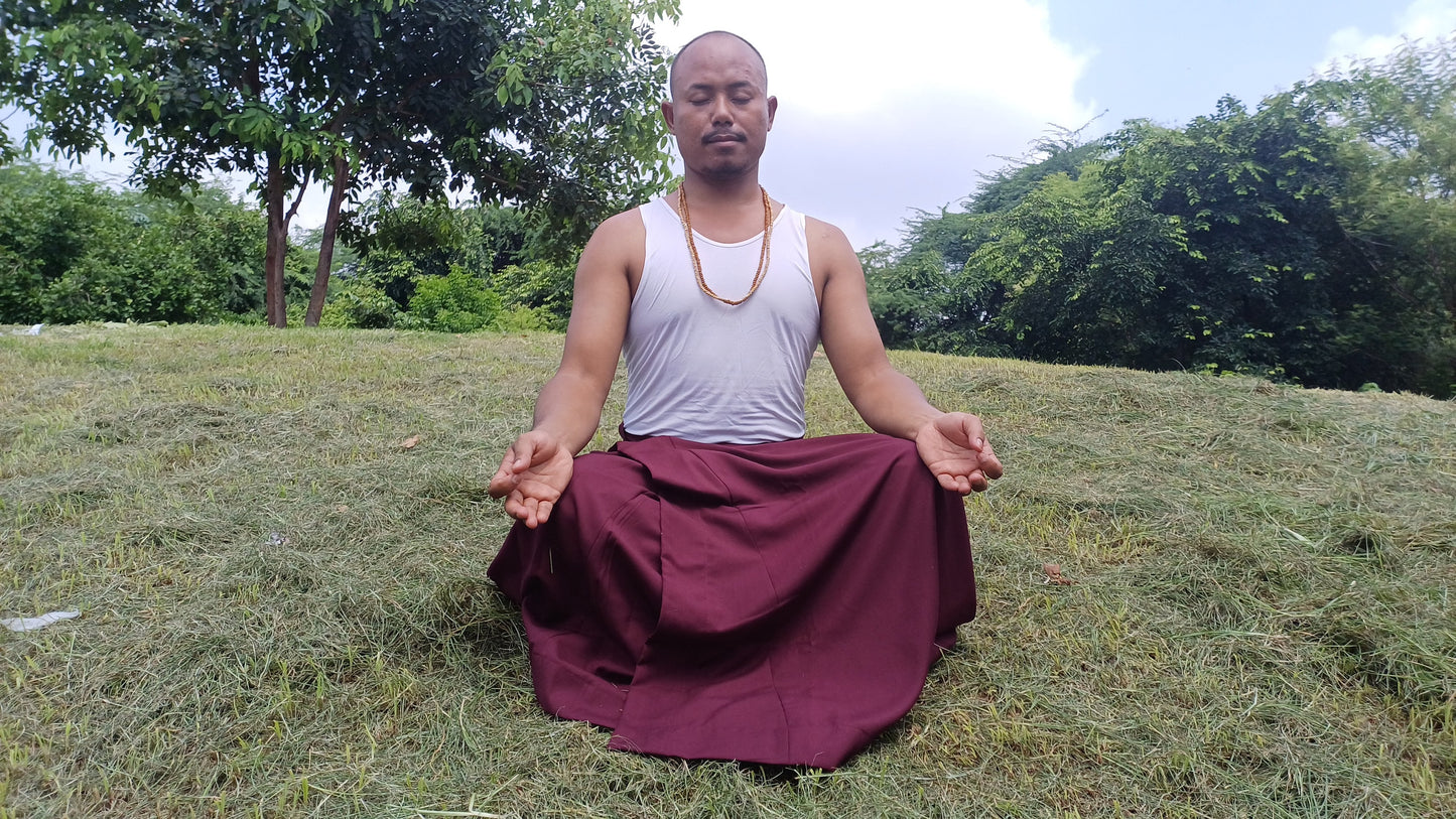 Layman Unisex Burgundy Tibetan Buddhist Meditation Skirt,Half Chuba Wrap-Around Cotton Meditation Cloth,Monastry Style Spiritual Lower Robe