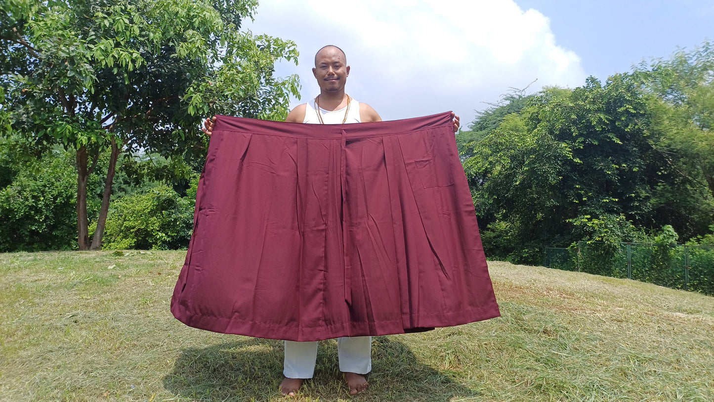 Layman Unisex Burgundy Tibetan Buddhist Meditation Skirt,Half Chuba Wrap-Around Cotton Meditation Cloth,Monastry Style Spiritual Lower Robe