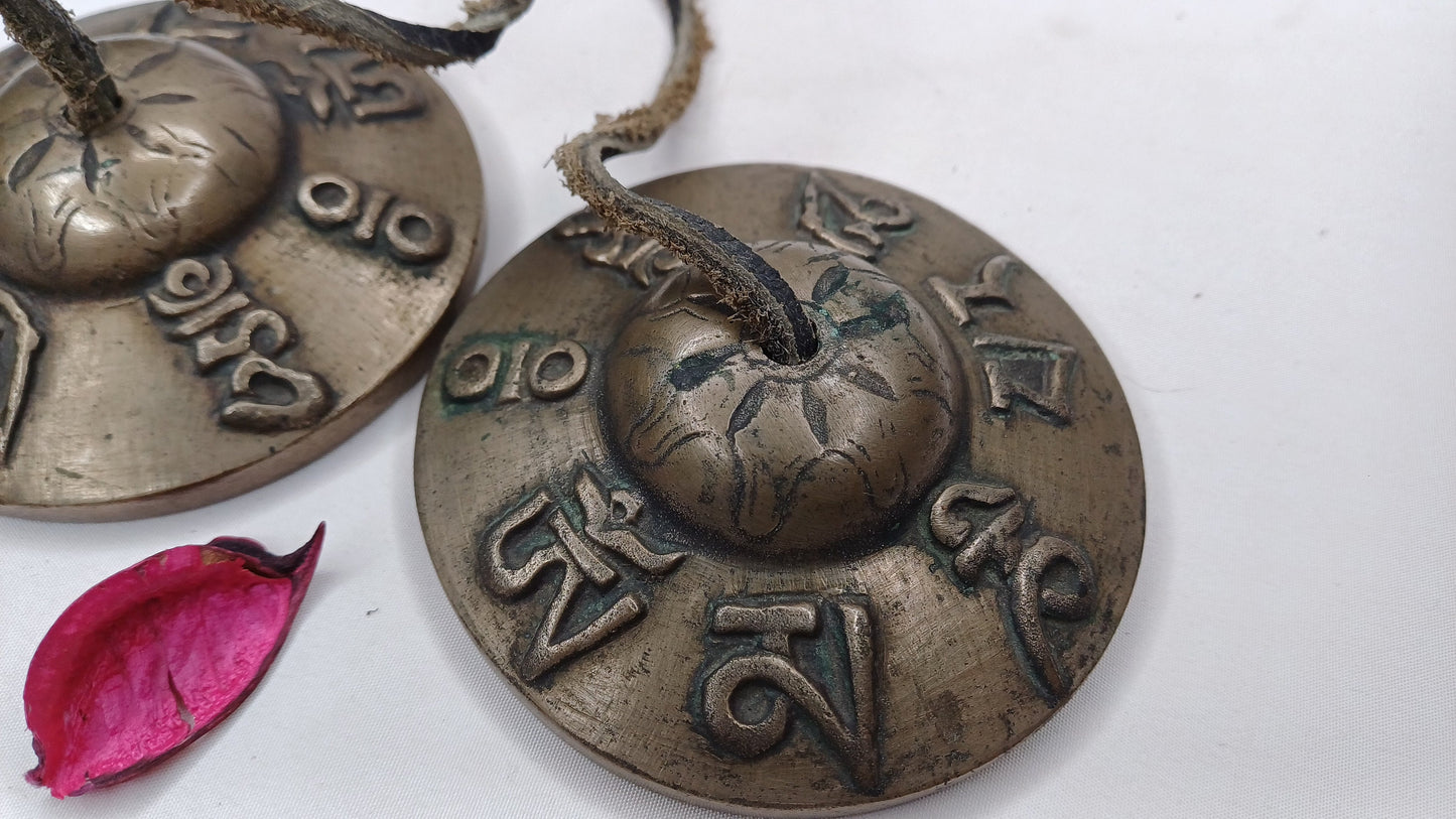 Vintage Rare Authentic Tibetan Mantra Om Mani Carved Tibetan Tingsha Bells,Handmade Tibetan Buddhist Ritual Cymbal,Yoga Sound Healing Tool