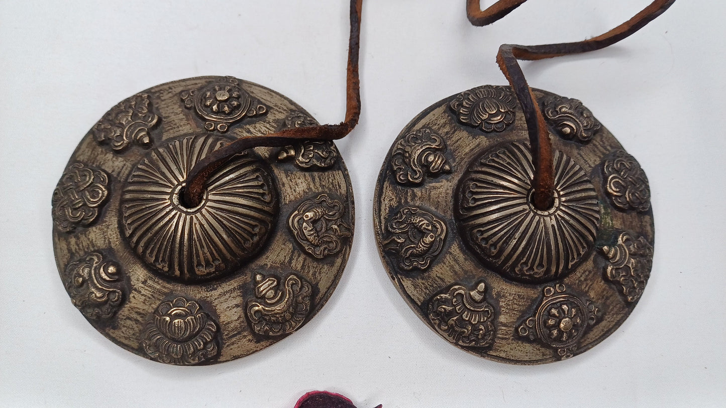 Vintage Rare Authentic Large 8 Auspicious Signs Carved Tibetan Tingsha Bells,Handmade Tibetan Buddhist Ritual Cymbal,Yoga Sound Healing Tool