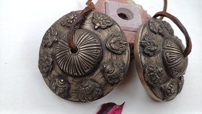 Vintage Rare Authentic Large 8 Auspicious Signs Carved Tibetan Tingsha Bells,Handmade Tibetan Buddhist Ritual Cymbal,Yoga Sound Healing Tool