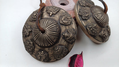 Vintage Rare Authentic Large 8 Auspicious Signs Carved Tibetan Tingsha Bells,Handmade Tibetan Buddhist Ritual Cymbal,Yoga Sound Healing Tool