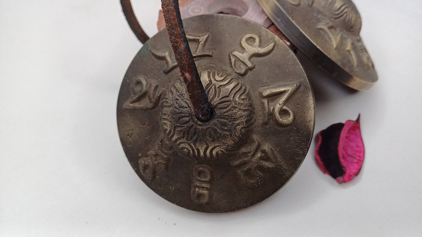 Vintage Rare Authentic Tibetan Mantra OM MANI Carved Tibetan Tingsha Bells,Handmade Tibetan Buddhist Ritual Cymbal,Yoga Sound Healing Tool