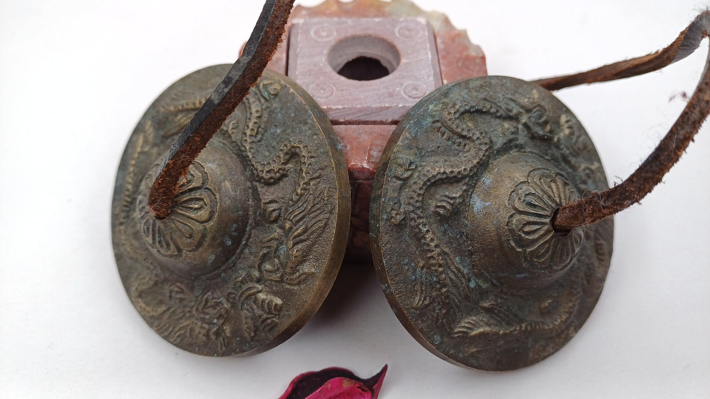 Vintage Rare Authentic Small  Dragon Carved Tibetan Tingsha Bells,Handmade Tibetan Buddhist Ritual Cymbal,Yoga Meditation Sound Healing Tool