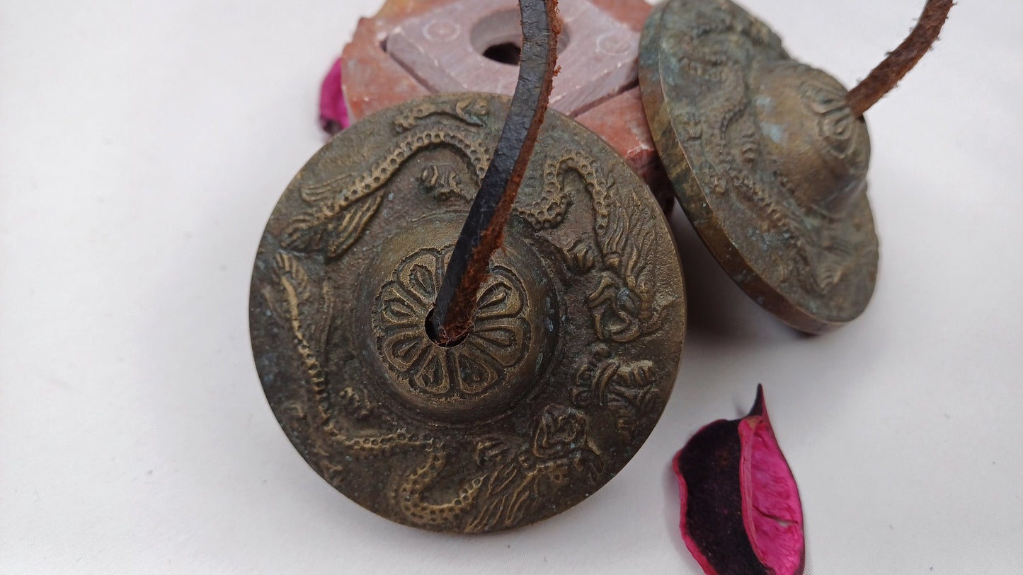 Vintage Rare Authentic Small  Dragon Carved Tibetan Tingsha Bells,Handmade Tibetan Buddhist Ritual Cymbal,Yoga Meditation Sound Healing Tool