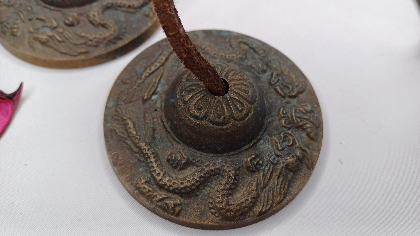 Vintage Rare Authentic Small  Dragon Carved Tibetan Tingsha Bells,Handmade Tibetan Buddhist Ritual Cymbal,Yoga Meditation Sound Healing Tool