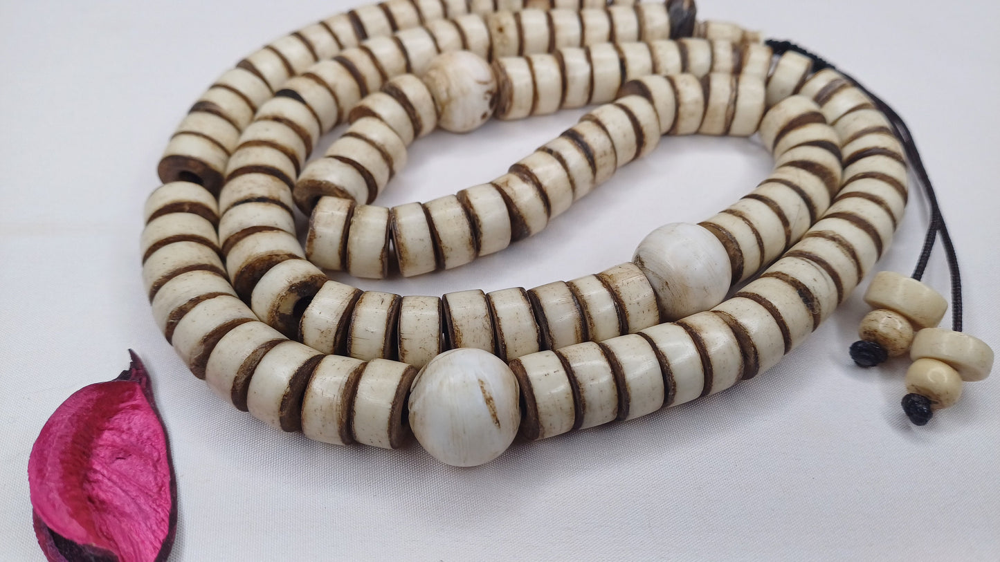 108 12mm Antique Gandhara Hand-carved Original Yak Bone Tibetan Buddhist Prayer Beads,Vintage Rosary Mala,Disk Shaped Yak Kapala Bone Mala