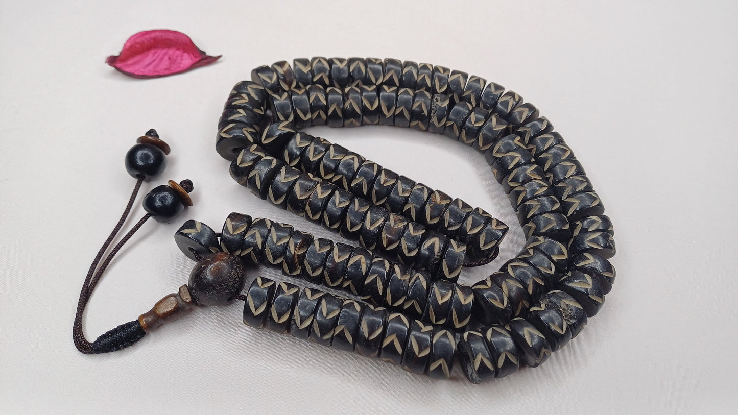 108 12mm Antique Gandhara Hand-carved Original Bone Tibetan Buddhist Prayer Beads,Vintage Buddhist Rosary Mala,Disk Shaped Kapala Bone Mala