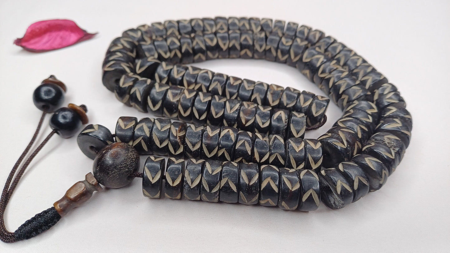 108 12mm Antique Gandhara Hand-carved Original Bone Tibetan Buddhist Prayer Beads,Vintage Buddhist Rosary Mala,Disk Shaped Kapala Bone Mala