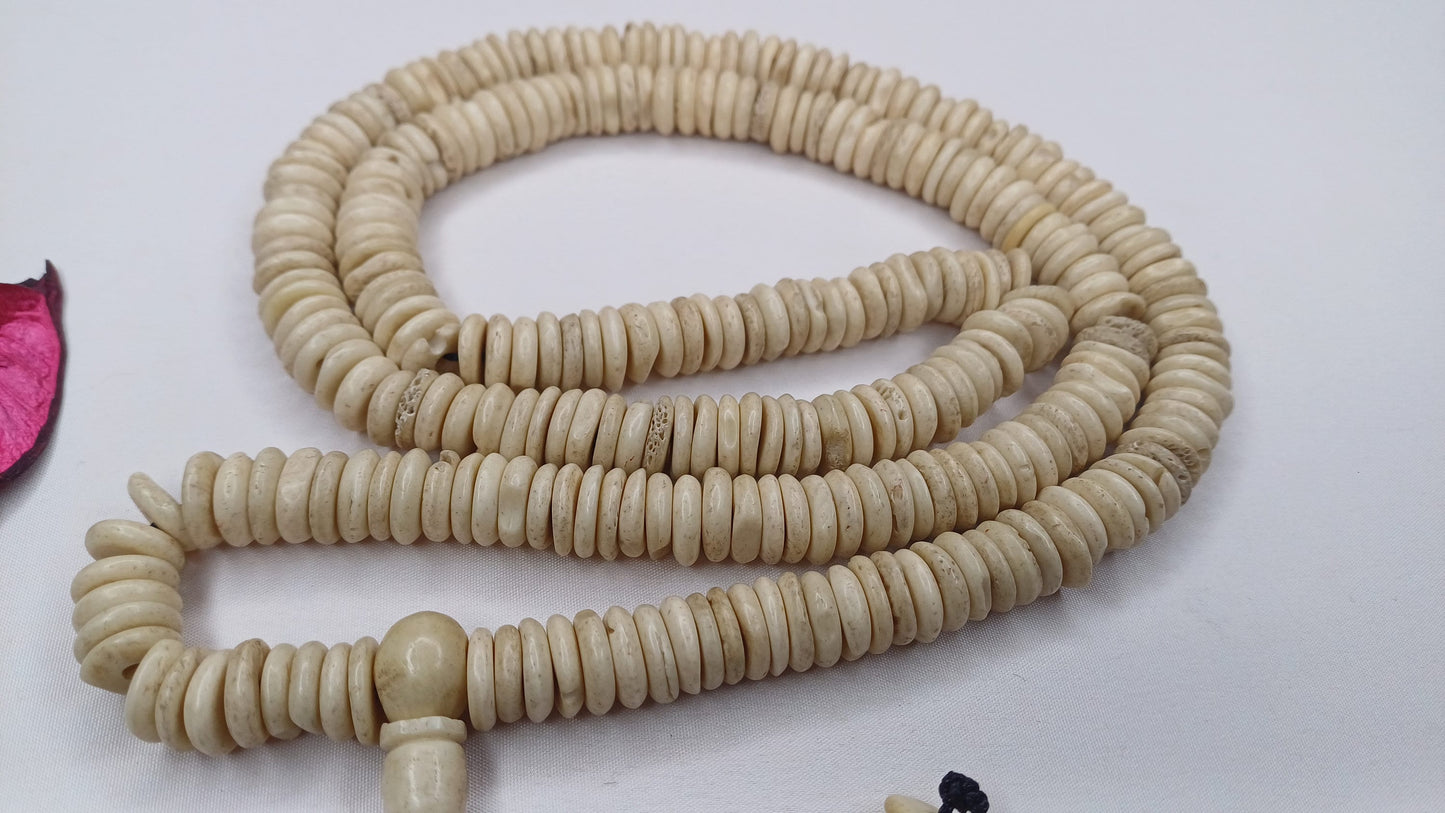 108 10mm Antique Gandhara Hand-carved Original Yak Bone Tibetan Buddhist Prayer Beads,Vintage Tantrik Disk Shaped Yak Kapala Bone Rosary
