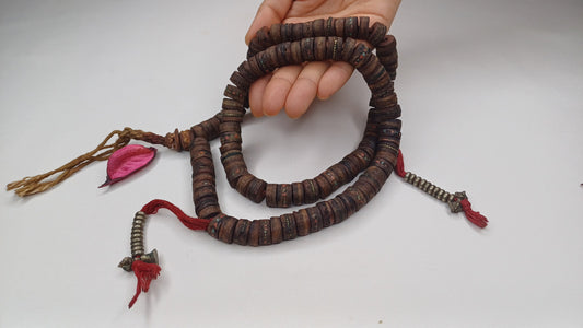 108 Antique Large Yak Bone Nepal Tibet Buddhist Prayer Beads,Vintage Turquoise Red Coral Inlay Rosary Mala,Disk Shaped Yak Kapala Bone Mala