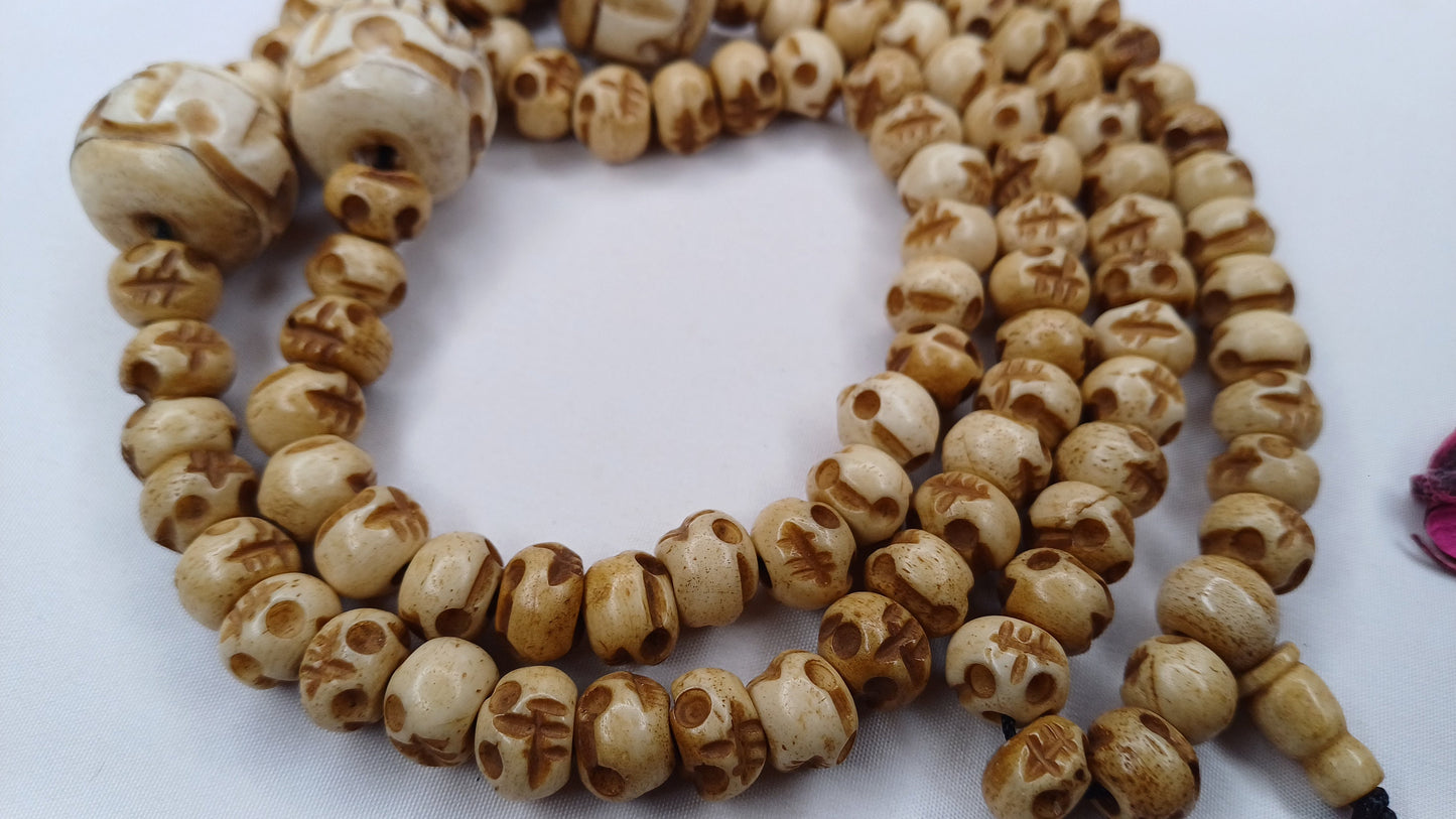 108 Handcarved Skull Bone  Beads,Bone Meditation Mala, Antique bone necklace,Ethnic Bone Jewellery,Tibetan Buddhist Prayer Skull Bone Mala,