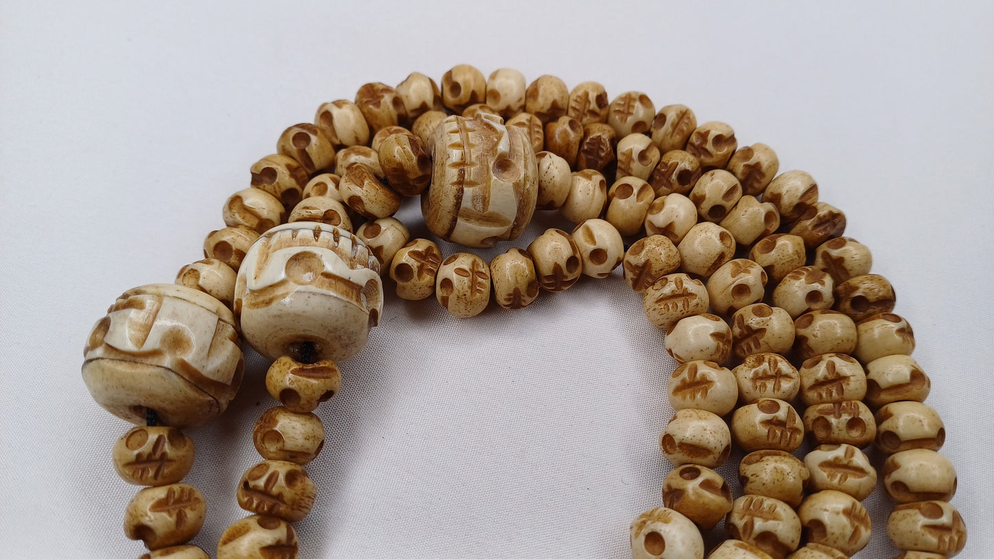 108 Handcarved Skull Bone  Beads,Bone Meditation Mala, Antique bone necklace,Ethnic Bone Jewellery,Tibetan Buddhist Prayer Skull Bone Mala,