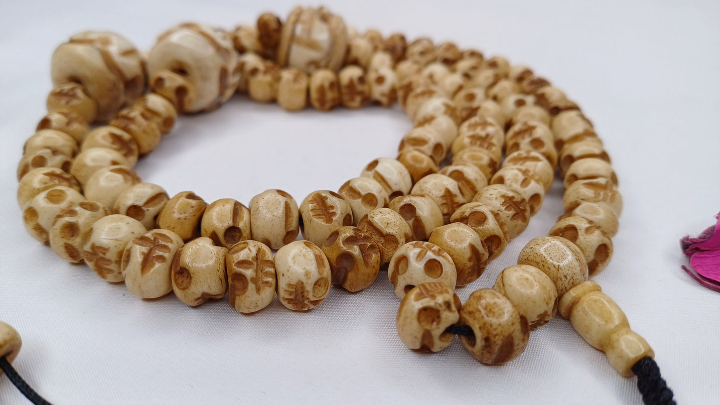108 Handcarved Skull Bone  Beads,Bone Meditation Mala, Antique bone necklace,Ethnic Bone Jewellery,Tibetan Buddhist Prayer Skull Bone Mala,
