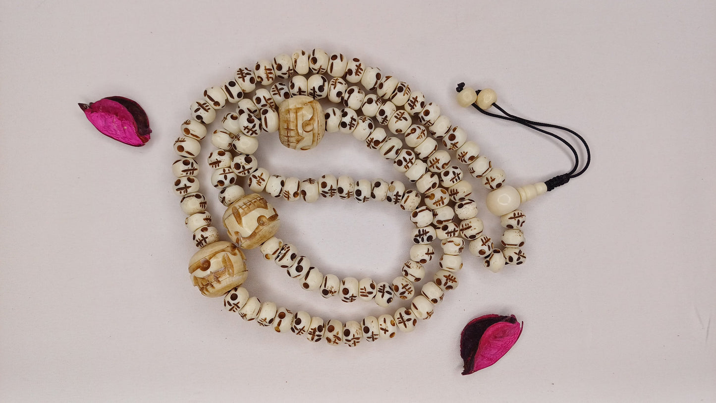 108 Handcarved Skull Bone  Beads,Bone Meditation Mala, Antique bone necklace,Ethnic Bone Jewellery,Tibetan Buddhist Prayer Skull Bone Mala,