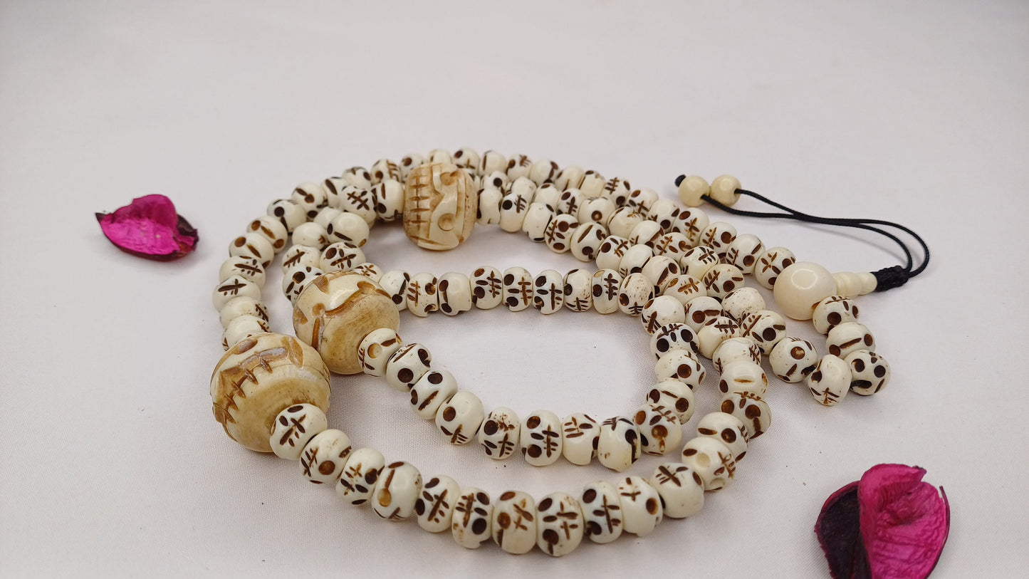 108 Handcarved Skull Bone  Beads,Bone Meditation Mala, Antique bone necklace,Ethnic Bone Jewellery,Tibetan Buddhist Prayer Skull Bone Mala,
