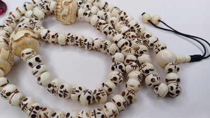 108 Handcarved Skull Bone  Beads,Bone Meditation Mala, Antique bone necklace,Ethnic Bone Jewellery,Tibetan Buddhist Prayer Skull Bone Mala,