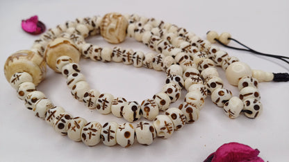 108 Handcarved Skull Bone  Beads,Bone Meditation Mala, Antique bone necklace,Ethnic Bone Jewellery,Tibetan Buddhist Prayer Skull Bone Mala,