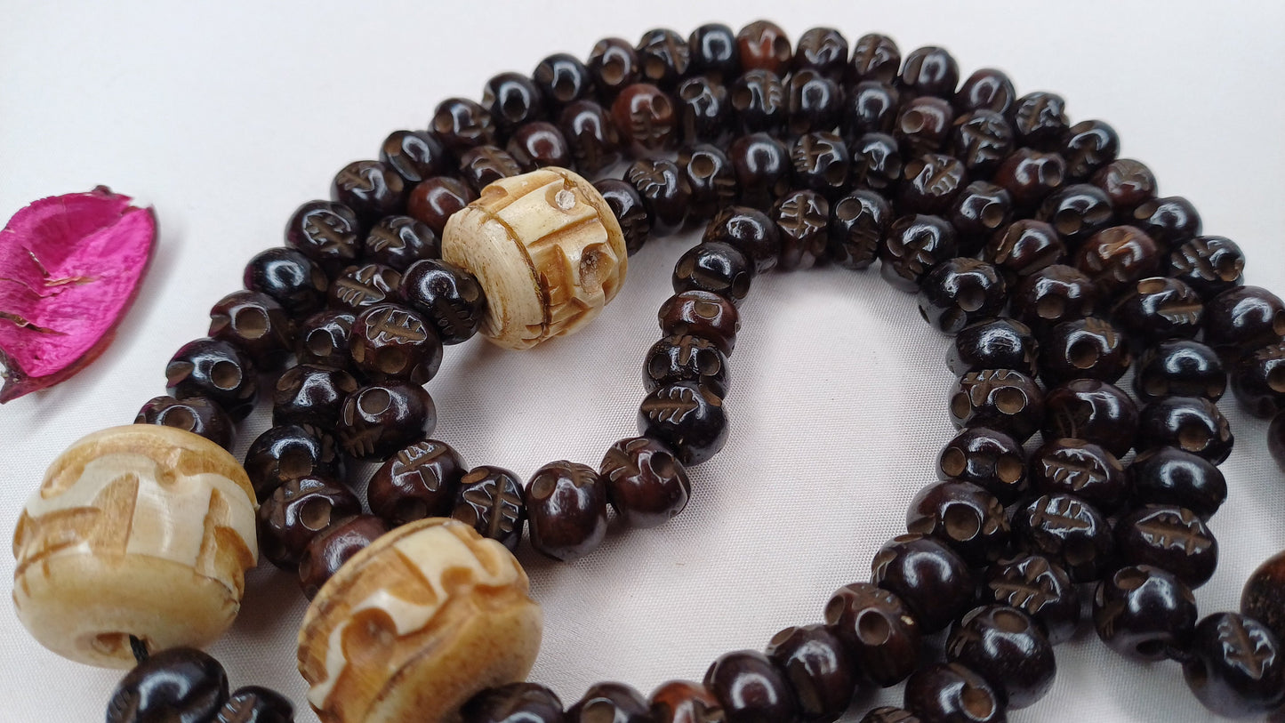 108 Handcarved Skull Bone  Beads,Bone Meditation Mala, Antique bone necklace,Ethnic Bone Jewellery,Tibetan Buddhist Prayer Skull Bone Mala,