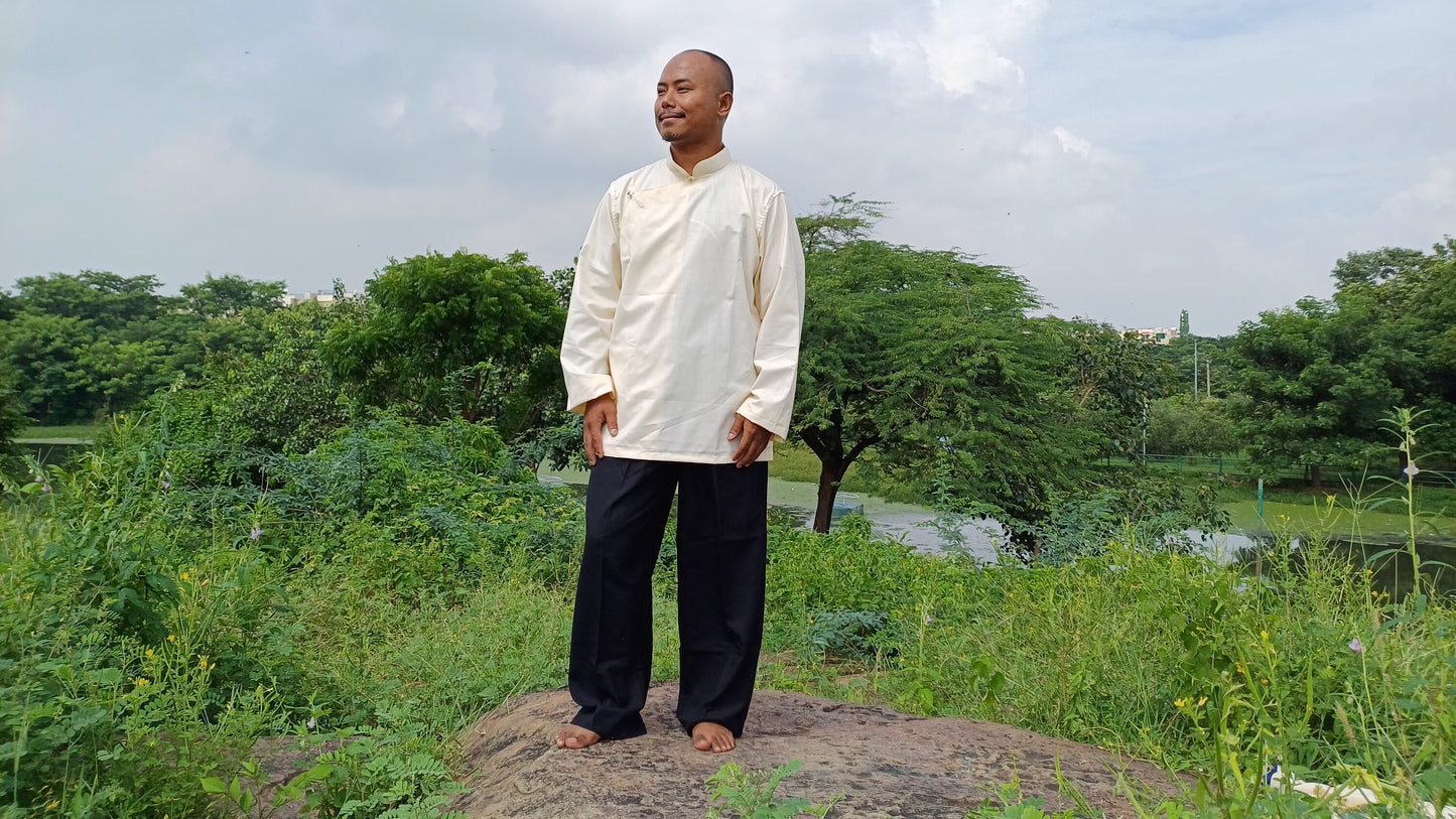 Traditional Tibetan Pure Cotton Cream Color Long Sleeves Buddhist Yogi Meditation Shirt,Ethnic Tibetan Prayer Shirt,Unisex Tibetan Clothing