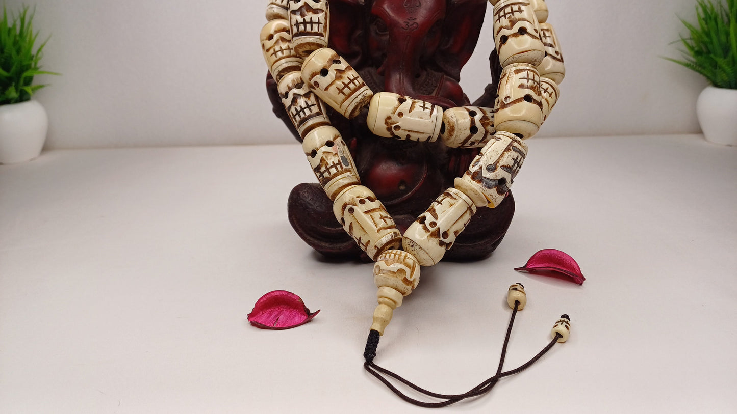 Vintage 28 Extra-Large Beads Handcarved Tibetan Buddhist Yak Skull Bone Mala,Tantrik Prayer Skull Mala,Ethnic Bone necklace/Jewellery