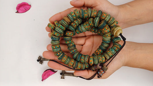 108 Antique Large Yak Bone Nepal Tibet Buddhist Prayer Beads,Vintage Turquoise Red Coral Inlay Rosary Mala,Disk Shaped Yak Kapala Bone Mala