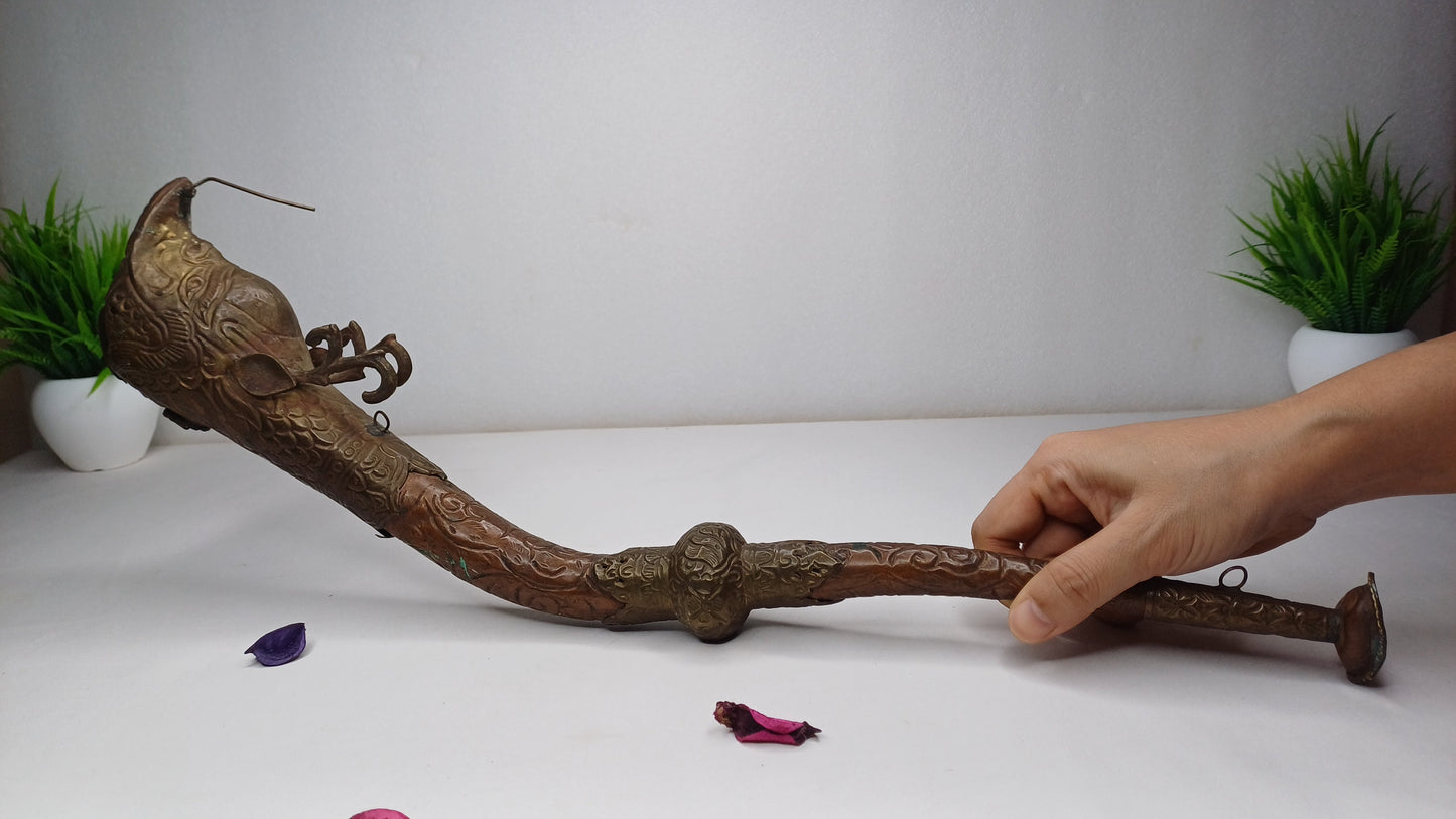 Antique Rare Tibetan Buddhism Ritual Instrument Copper Trumpet,Sacred Buddhist Tibetan Figural Dragon Head Ceremonial Horn,Buddhist Artifact