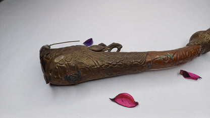Antique Rare Tibetan Buddhism Ritual Instrument Copper Trumpet,Sacred Buddhist Tibetan Figural Dragon Head Ceremonial Horn,Buddhist Artifact
