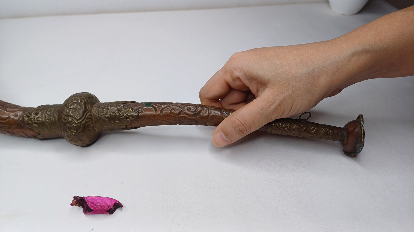 Antique Rare Tibetan Buddhism Ritual Instrument Copper Trumpet,Sacred Buddhist Tibetan Figural Dragon Head Ceremonial Horn,Buddhist Artifact