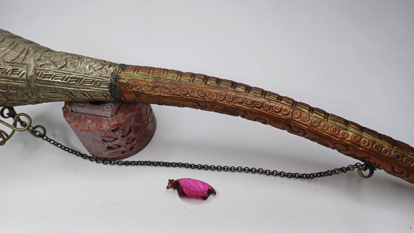 Antique Rare Tibetan Buddhism Ritual Instrument Copper Trumpet,Sacred Buddhist Tibetan Figural Dragon Head Ceremonial Horn,Buddhist Artifact