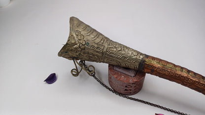 Antique Rare Tibetan Buddhism Ritual Instrument Copper Trumpet,Sacred Buddhist Tibetan Figural Dragon Head Ceremonial Horn,Buddhist Artifact