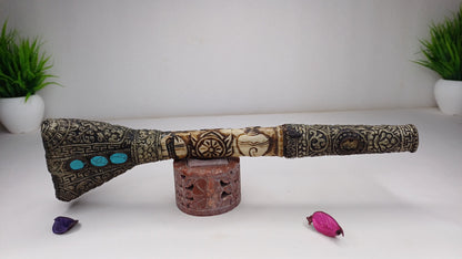 Vintage Bone Double Mahakala Hand Carved Silver Inlay Kangling Tibetan Ritual Trumpet,Used Traditional Tantrik Trumpet,Shaman  Buddhism Tool