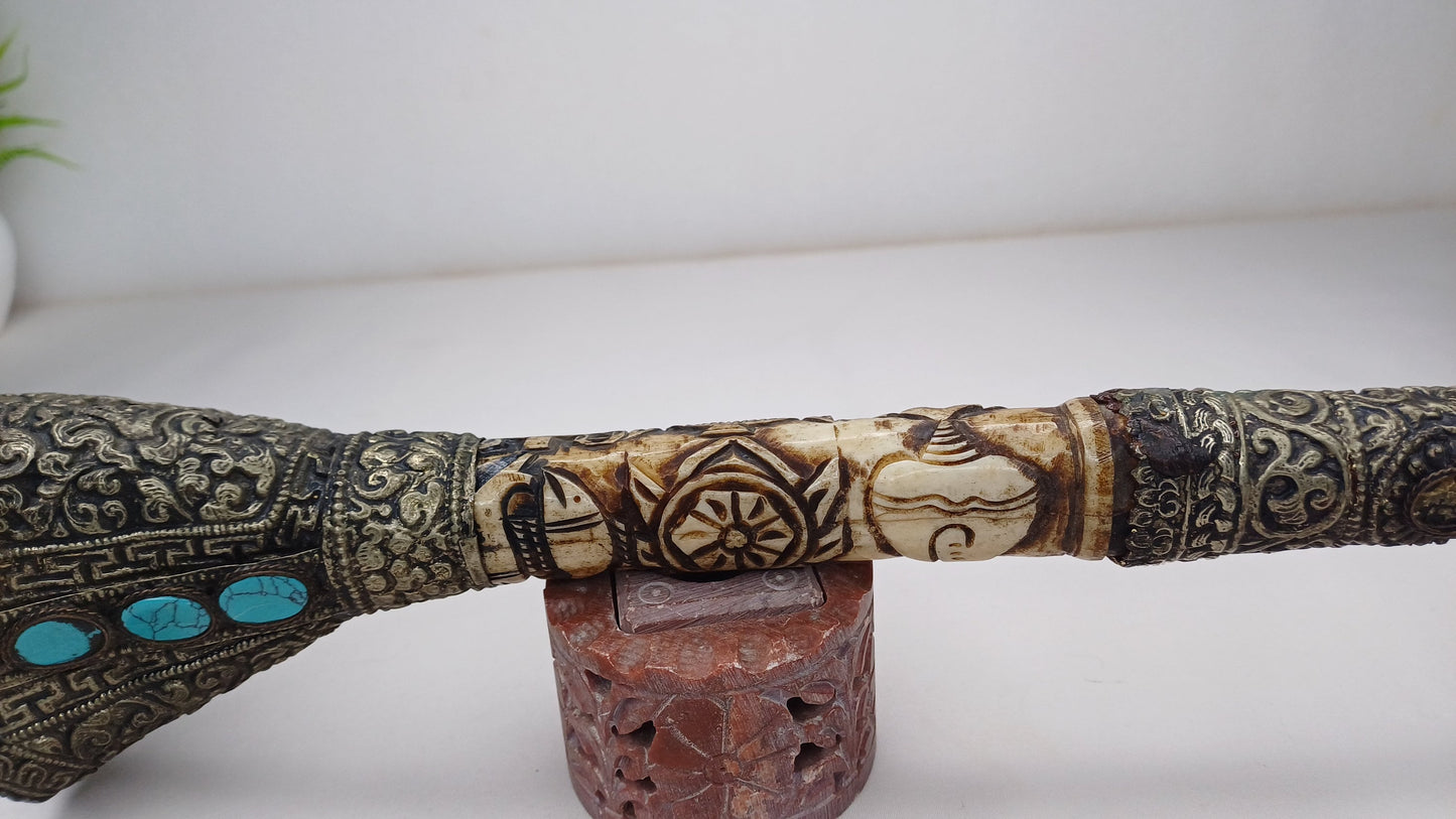 Vintage Bone Double Mahakala Hand Carved Silver Inlay Kangling Tibetan Ritual Trumpet,Used Traditional Tantrik Trumpet,Shaman  Buddhism Tool