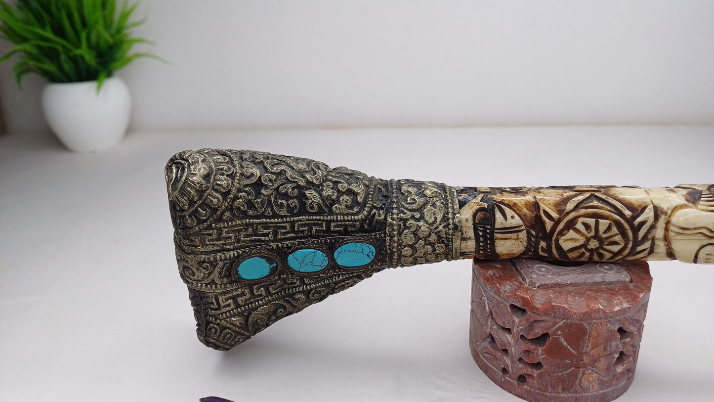 Vintage Bone Double Mahakala Hand Carved Silver Inlay Kangling Tibetan Ritual Trumpet,Used Traditional Tantrik Trumpet,Shaman  Buddhism Tool