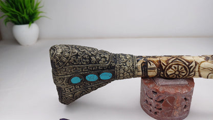 Vintage Bone Double Mahakala Hand Carved Silver Inlay Kangling Tibetan Ritual Trumpet,Used Traditional Tantrik Trumpet,Shaman  Buddhism Tool