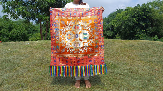 Handmade Multi-Color Tibetan Buddhist Ashtamangala Vajra Dorje Silk Brocade Altar/Shrine Table Cloth,Double Dorje Zen Buddhist Home Decore