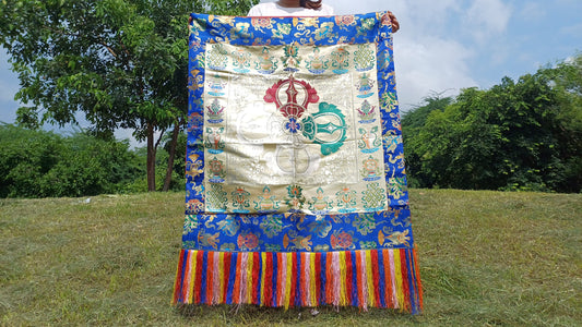 Handmade Multi-Color Tibetan Buddhist Ashtamangala Vajra Dorje Silk Brocade Altar/Shrine Table Cloth,Double Dorje Zen Buddhist Home Decore