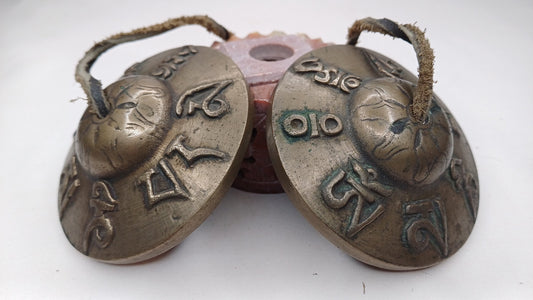 Vintage Rare Authentic Tibetan Mantra Om Mani Carved Tibetan Tingsha Bells,Handmade Tibetan Buddhist Ritual Cymbal,Yoga Sound Healing Tool